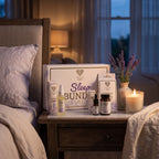 ProLife CBD Sleep Bundle on a bedside table: CBD sleep oil, sleep capsules, pillow spray and sleep patches with the gift box