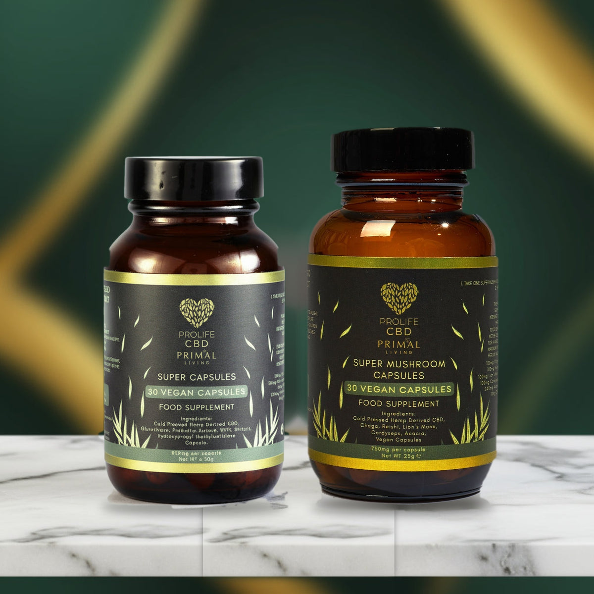 ProLife Super Capsule Duo bundle: CBD Super Capsules and Super Mushroom Capsules jars